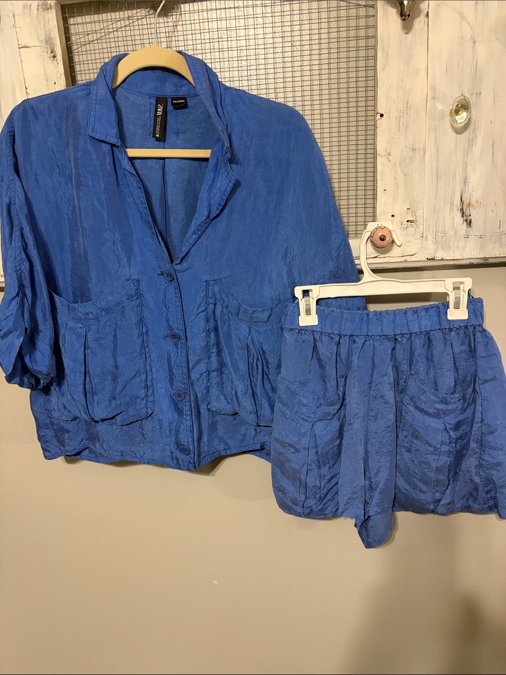 Zara Blue Crinkled Button Top & Shorts Set